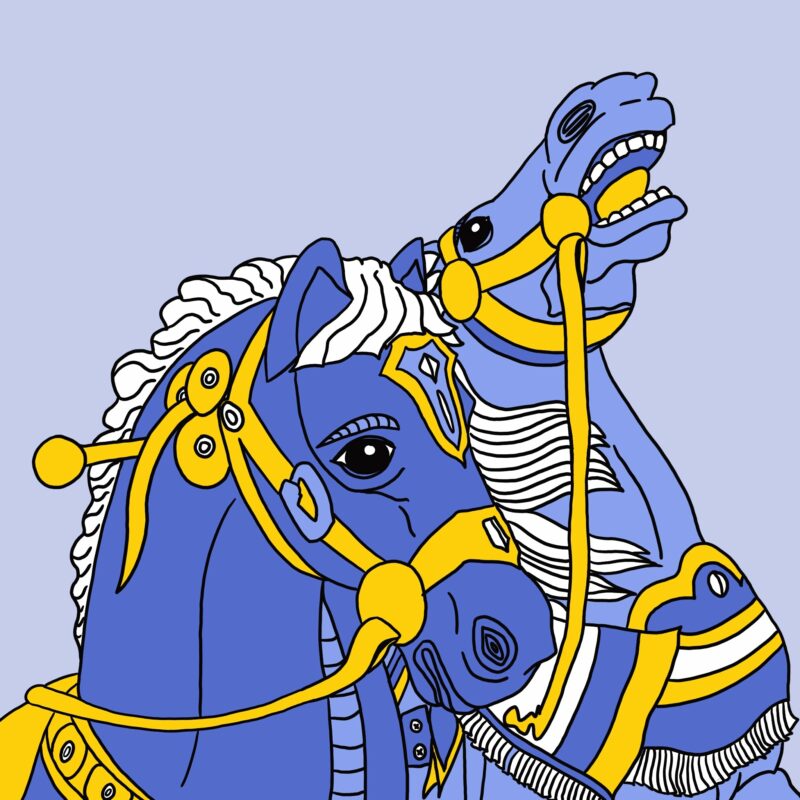 l'illustration" chevaux de manège" en version couleur bleu et jaune