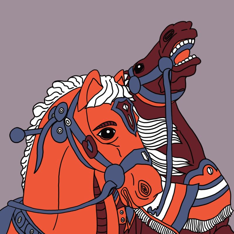 l'illustration" chevaux de manège" en version couleur orange et aubergine