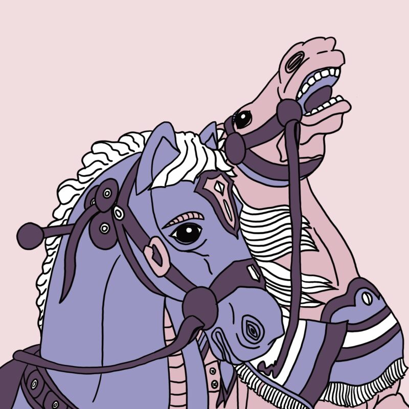 l'illustration" chevaux de manège" en version couleur mauve et bleu