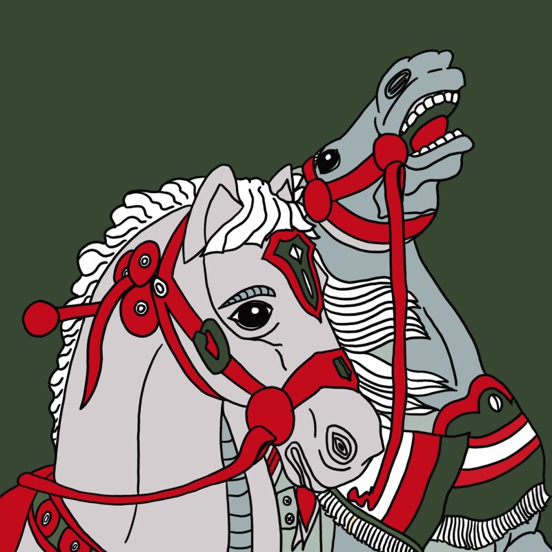 l'illustration" chevaux de manège" en version couleur vert et rouge