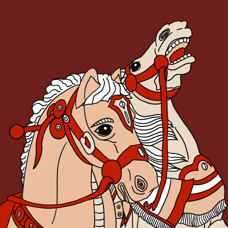 l'illustration" chevaux de manège" en version couleur rouge et beige