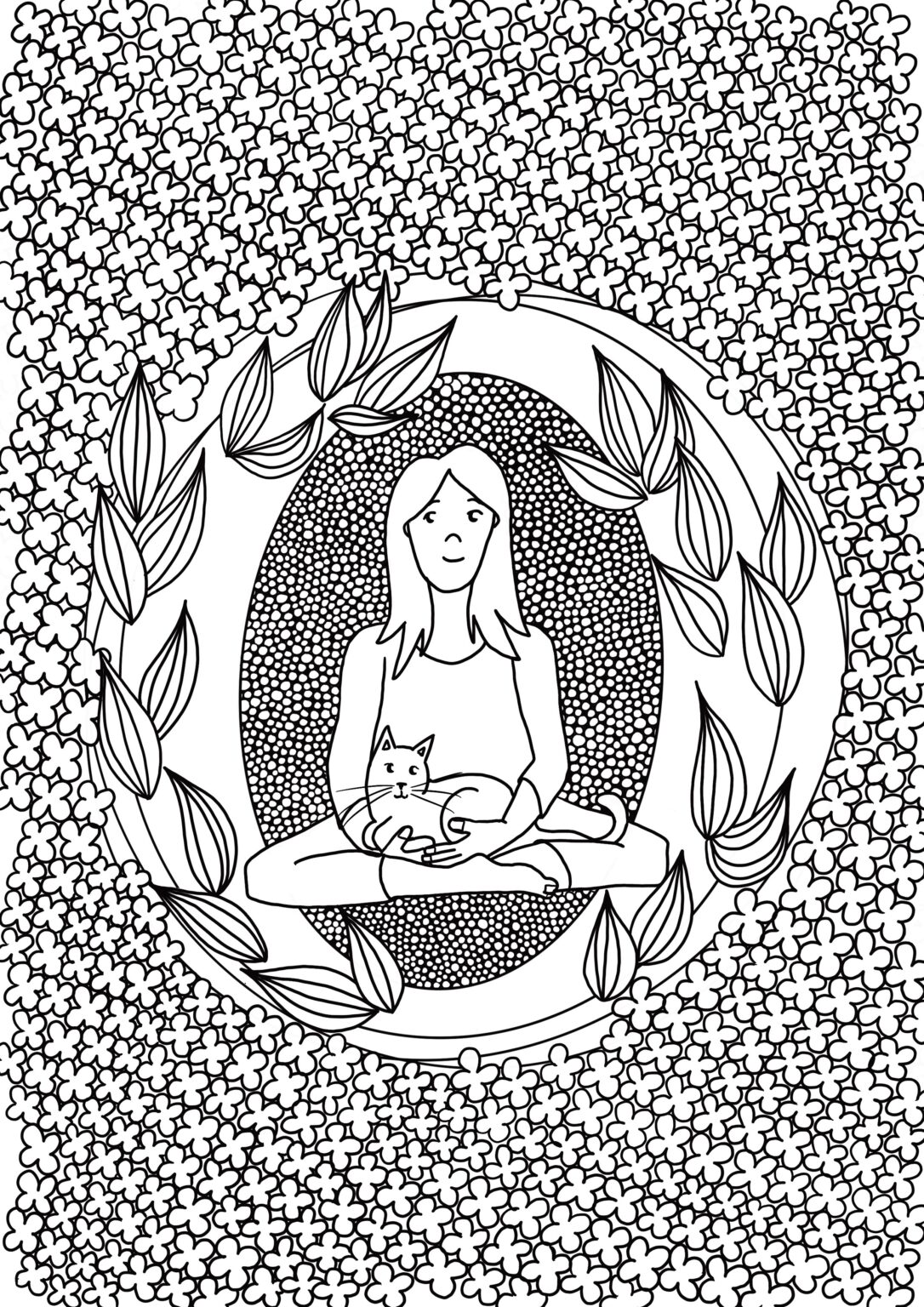 la méditation, illustration à colorier tirée de mon e-book "mandalas avec le petit chat"